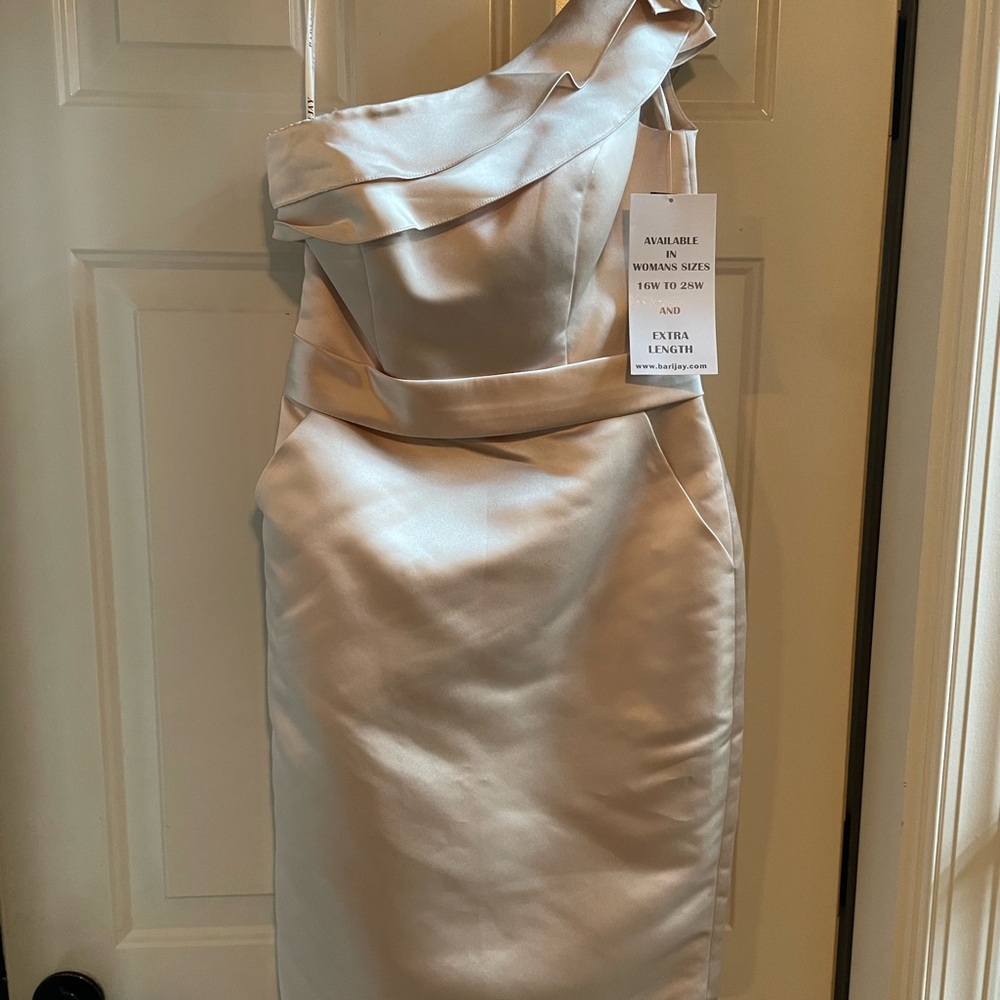 Bari Jay One-Shoulder Satin Dress in Champagne